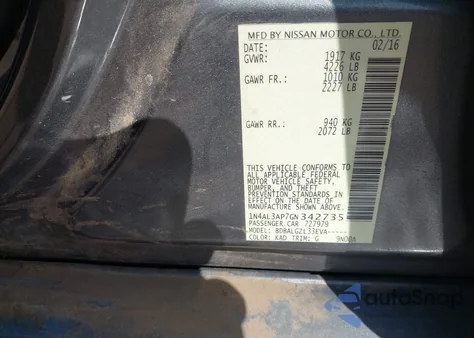 2016 Nissan Altima 2.5/2.5 S/2.5 Sl/2.5 Sr/2.5 Sv из США, поврежденный, VIN 1N4AL3AP7GN342735